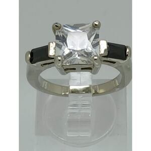 Vintage 3-Stone Gold GP Silver Tone Princess Cut Black CZ Engagement Ring Size 8